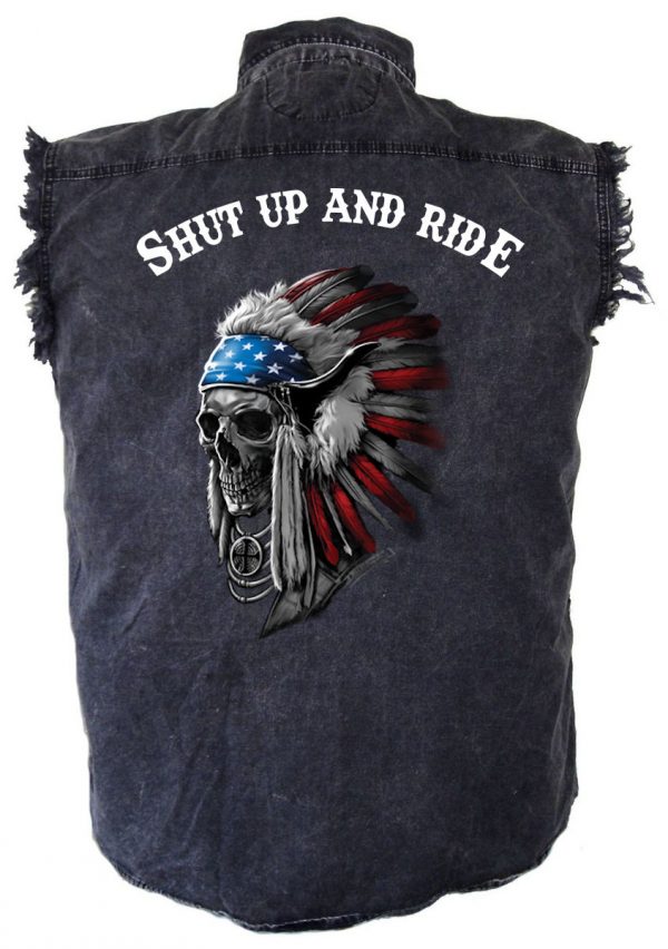 mens denim biker shirt shut up and ride patriotic Indian headdress skull