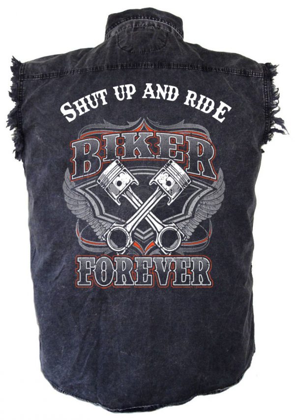 mens denim biker shirt shut up and ride biker forever