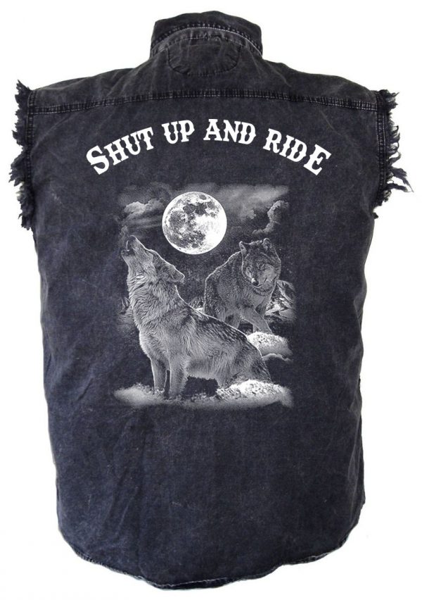 mens denim biker shirt shut up and ride howling wolf moon