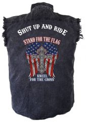 mens denim biker shirt shut up and ride stand for the flag cross and wings