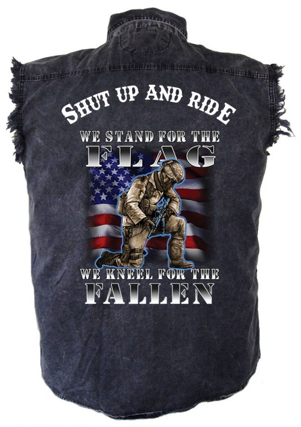 mens denim biker shirt shut up and ride we stand for the flag