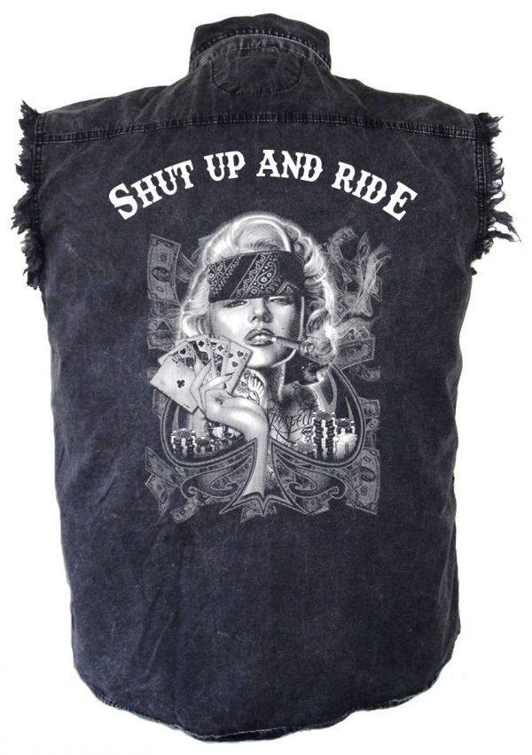 mens denim biker shirt shut up and ride marilyn monroe poker girl