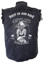 mens denim biker shirt shut up and ride marilyn monroe outlaw forever