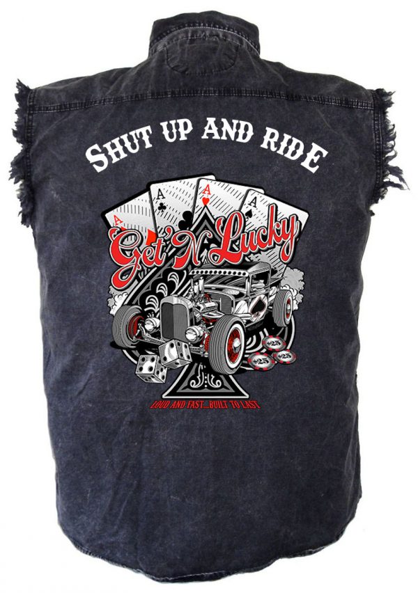 mens denim biker shirt shut up and ride get n lucky cards