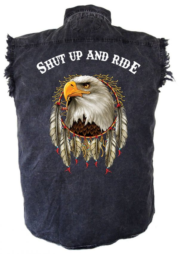 mens denim biker shirt shut up and ride dreamcatcher eagle