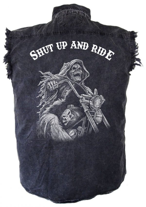 mens denim biker shirt shut up and ride grim reaper rider