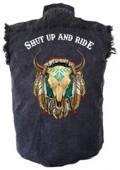 mens denim biker shirt shut up and ride native american steer head dreamcatcher