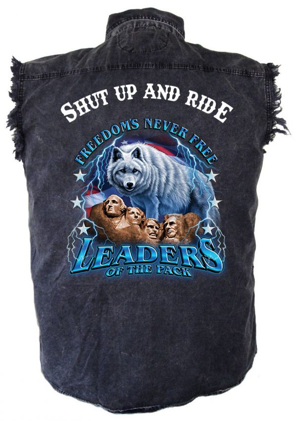 mens denim biker shirt shut up and ride Mount Rushmore wolf