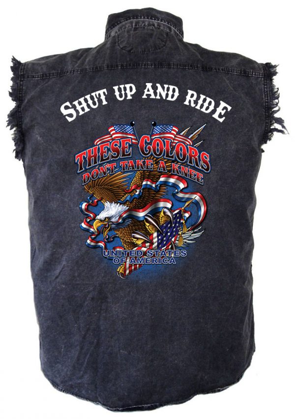 mens denim biker shirt shut up and ride these colors don't take a knee