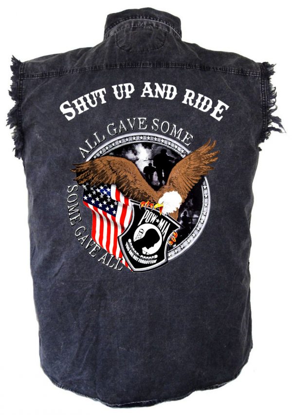 mens denim biker shirt shut up and ride all gave some pow-mia eagle