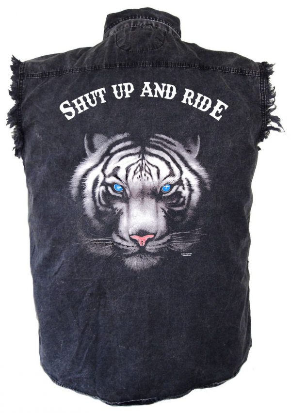 mens denim biker shirt shut up and ride blue eyed tiger