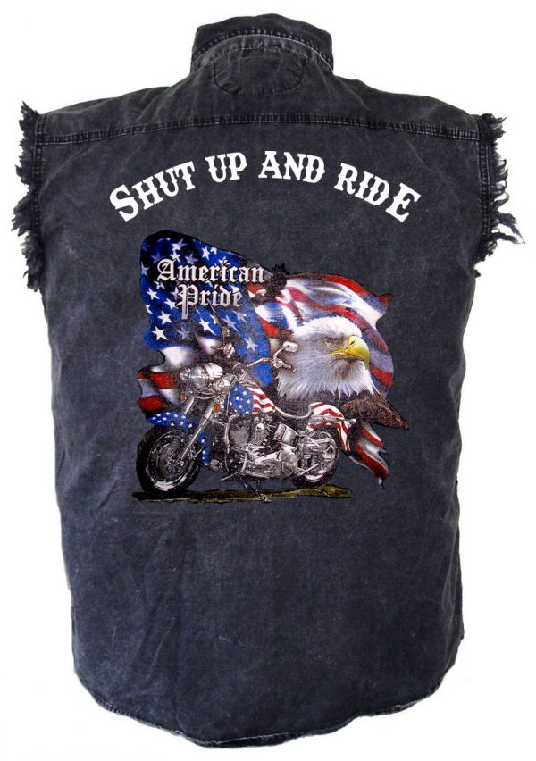 mens denim biker shirt shut up and ride American pride eagle