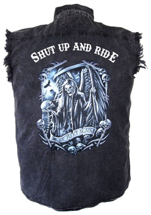 mens denim biker shirt shut up and ride grim reaper skulls and scythes