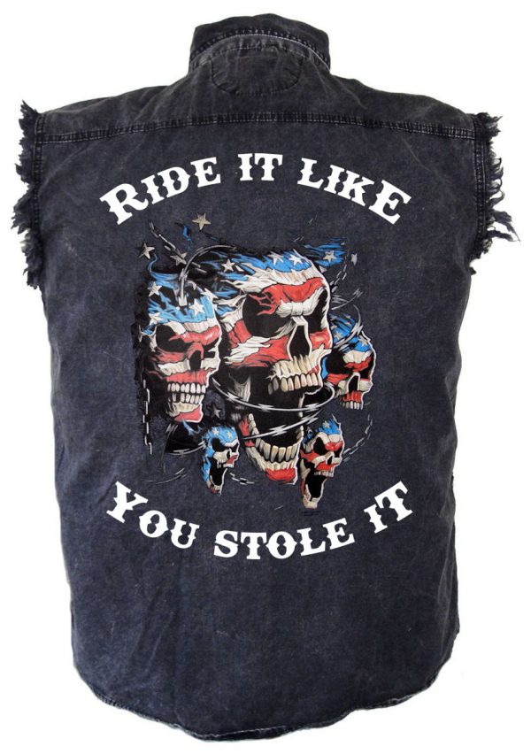 mens denim biker shirt screaming skulls