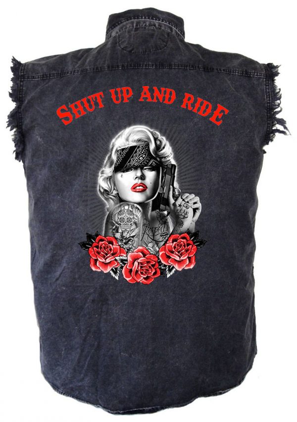 mens denim biker shirt shut up and ride marilyn monroe