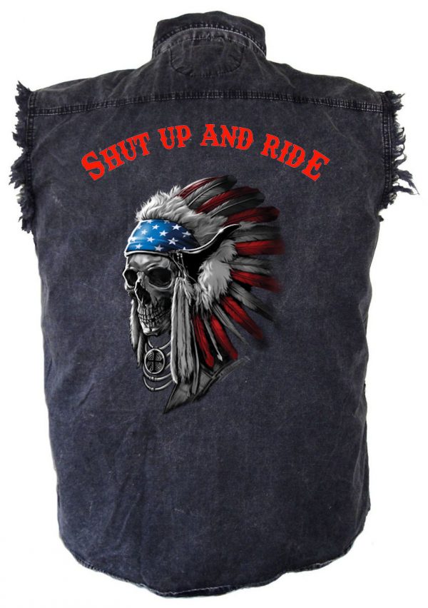 mens denim biker shirt shut up and ride patriotic indian skull