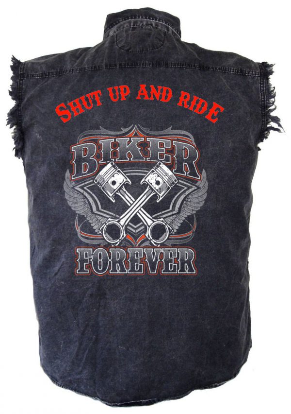 mens denim biker shirt shut up and ride biker forever