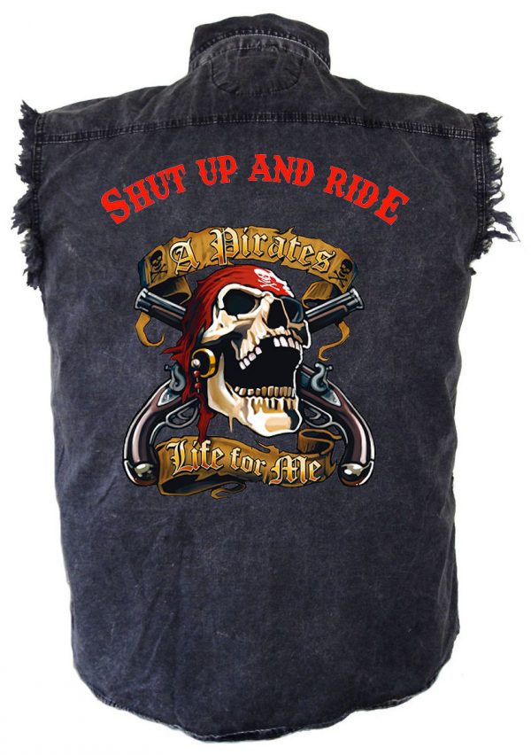 mens denim biker shirt shut up and ride pirates life