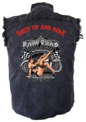 mens denim biker shirt shut up and ride body shop babe
