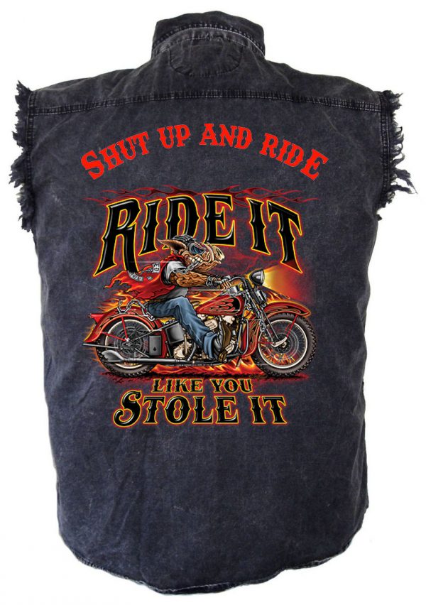 mens denim biker shirt shut up and ride hog