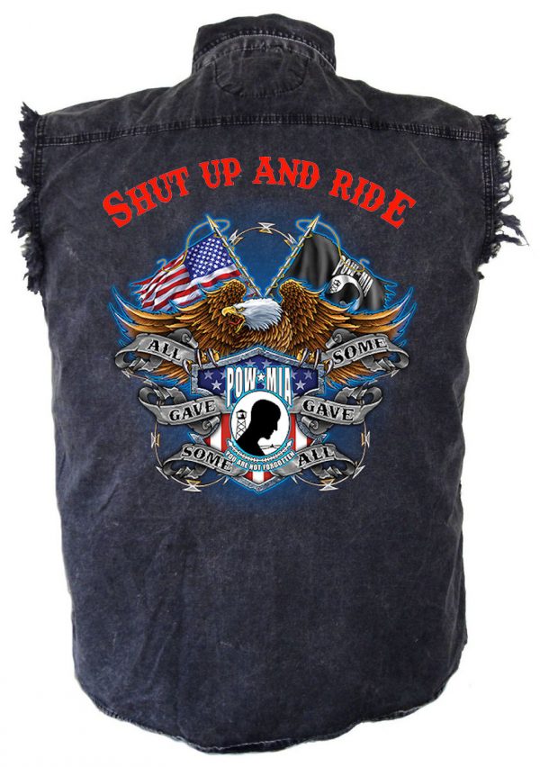 mens denim biker shirt shut up and ride pow-mia