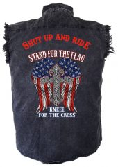 mens denim biker shirt shut up and ride stand for the flag