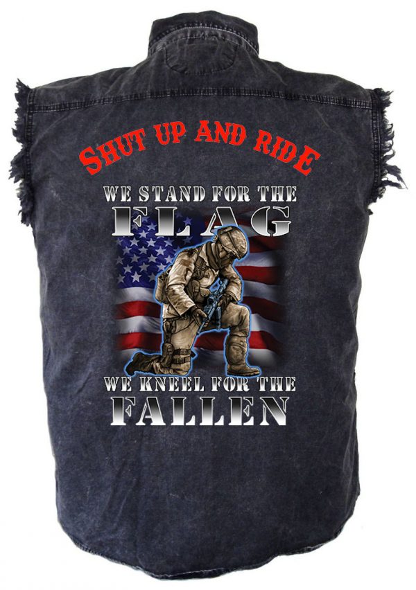 mens denim biker shirt shut up and ride stand for the flag