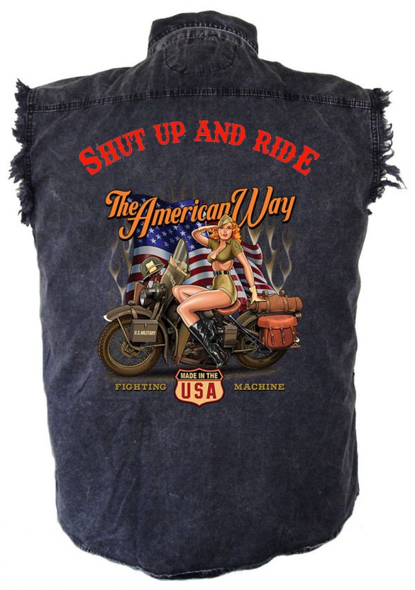 mens denim biker shirt shut up and ride the american way babe