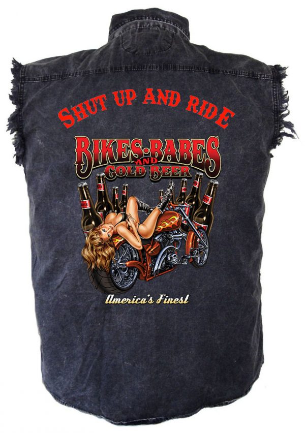 mens denim biker shirt shut up and ride bikes and babes