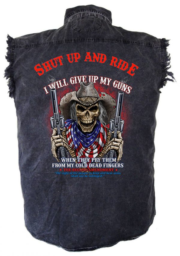 mens denim biker shirt shut up and ride give up guns skeleton