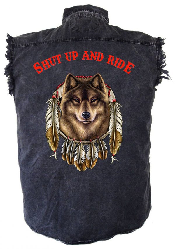 mens denim biker shirt shut up and ride dreamcatcher wolf