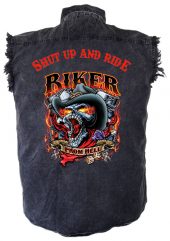 mens denim biker shirt shut up and ride biker from hell skull