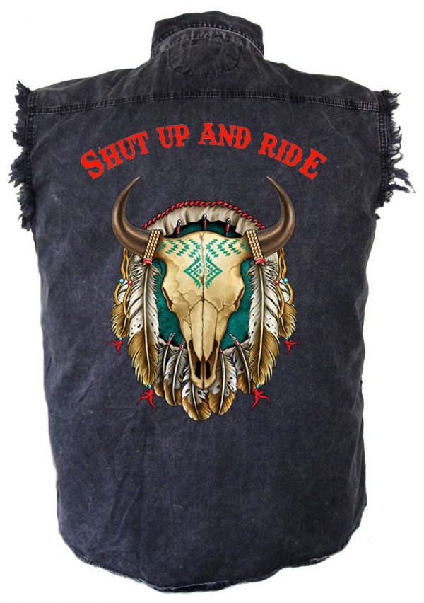 mens denim biker shirt shut up and ride dreamcatcher steer head