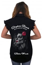 ladies gothic girl red rose black denim shirt