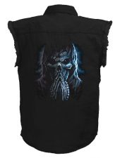 mens blueish grim reaper skull black denim shirt