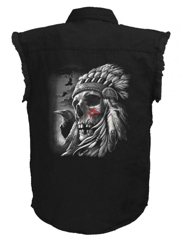 mens native american skull headdress black denim shirt