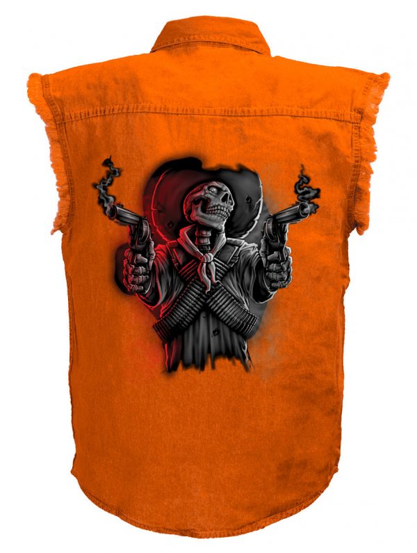 mens skeleton gunslinger orange denim biker shirt