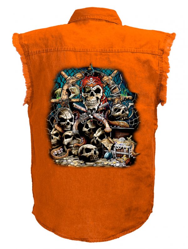 mens orange pirate treasure chest denim biker shirt