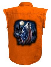 mens patriotic howling wolves orange denim biker shirt