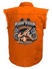 mens orange body shop babe denim biker shirt