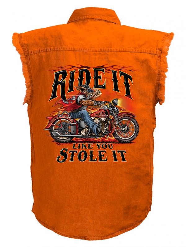 mens orange ride it like you stole it hog denim biker shirt