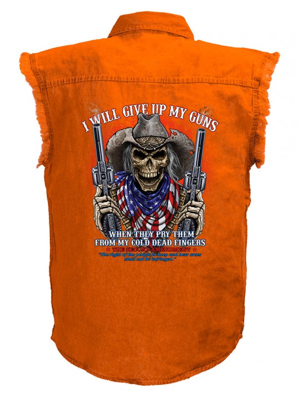 mens will give up my guns orange denim biker shirt