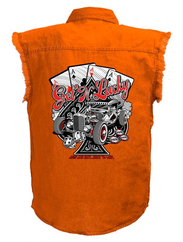 mens get n lucky playing cards orange denim biker shirt