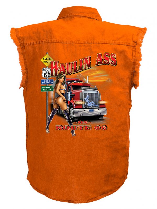 mens haulin ass route 66 babe orange denim biker shirt