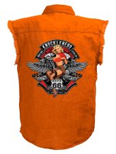 mens knucklehead motorcycle babe orange denim biker shirt