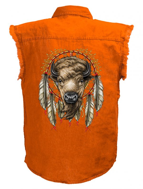 mens native american bull dreamcatcher orange denim biker shirt