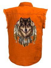 mens orange dreamcatcher wolf denim biker shirt