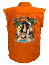 mens surrender the booty babe orange denim biker shirt