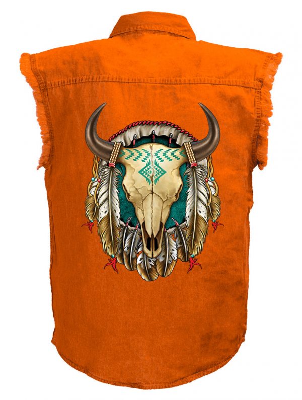 mens orange native american steer denim biker shirt