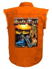 mens orange soft tail babe motorcycle denim biker shirt